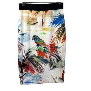 MILLY Women Watercolor Midi Scuba Beige Ribbed Elastic Waist Skirt Sz 6/8 $295